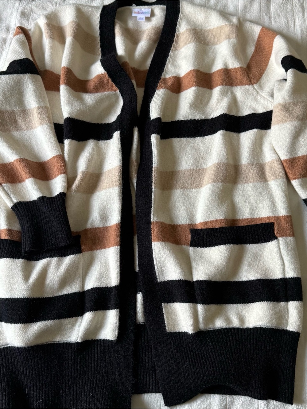 LuLaRoe Peyton Black, Cream & Brown Striped Open Cardigan